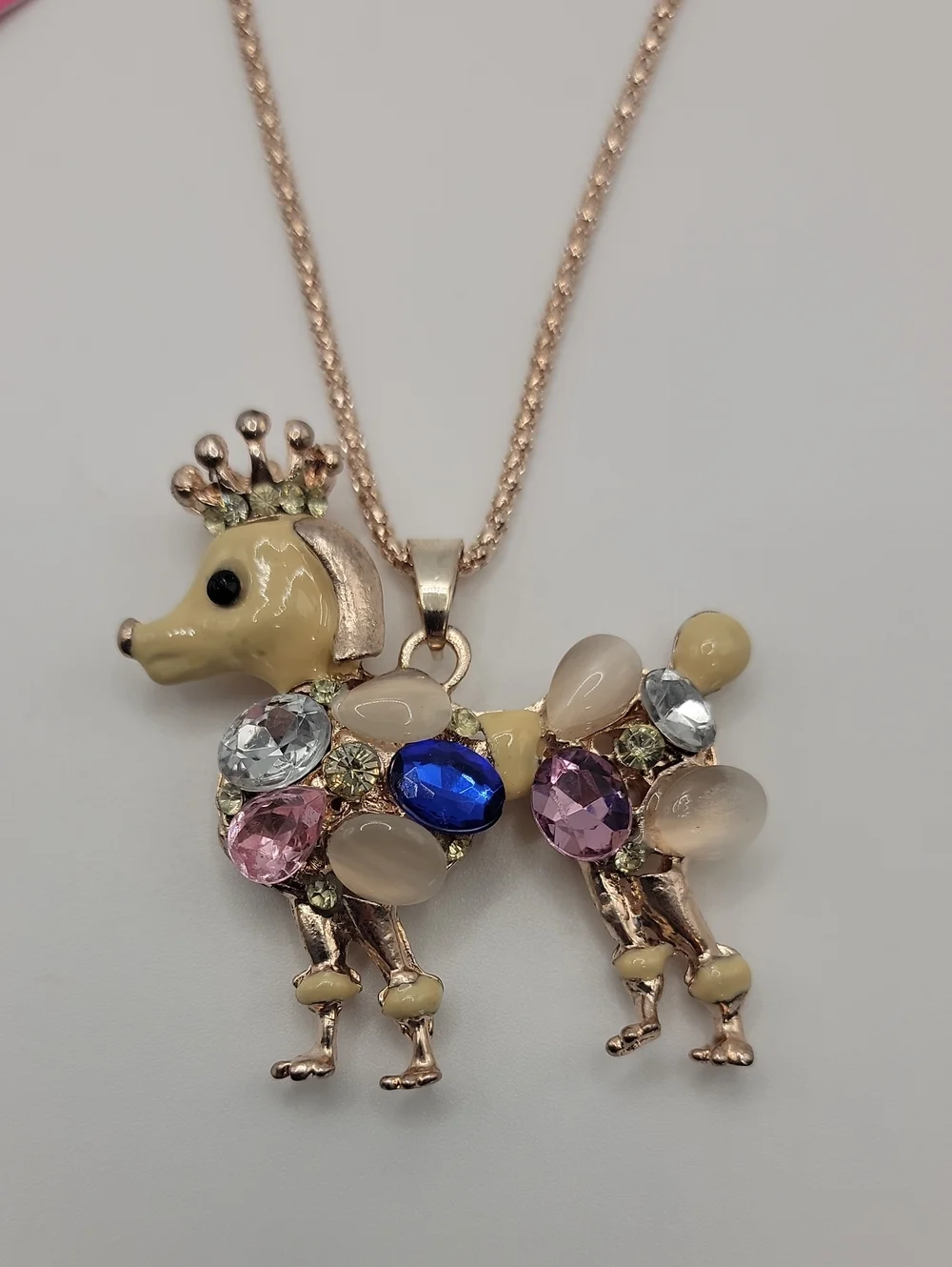 Betsey Johnson Gold-Tone Jeweled Poodle Pendant Necklace - Pink/Blue/White